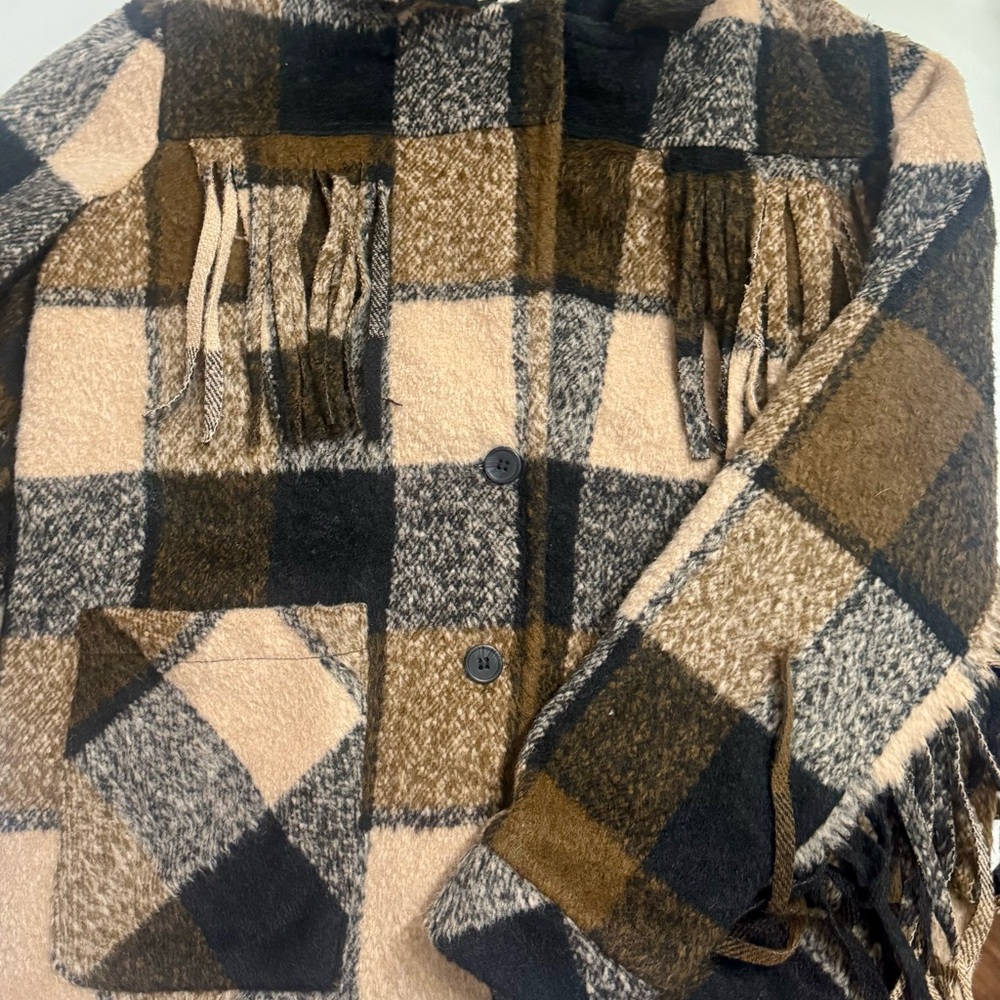 Idyllwind Plaid Fringe Jacket - Black, Brown, Cream